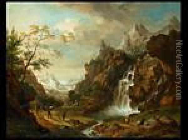 Alpenlandschaft Mit Figuren Neben Einem Wasserfall Oil Painting - Christian Georg Schuttz II