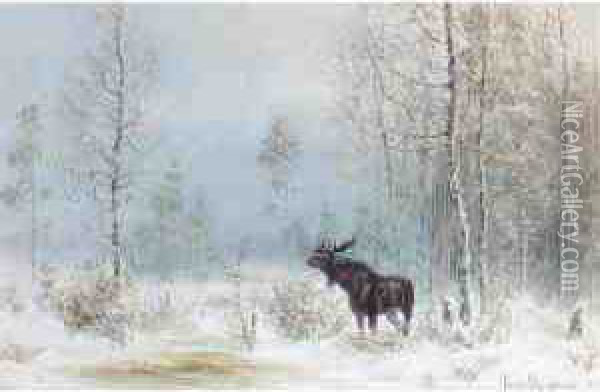 Three Hunting Scenes: Raising A Flight, A Fox Hunt, And An Elk Oil Painting - Wladimir Leonidovich Murawjoff