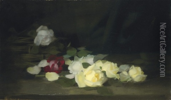 Yellow, White And Red Roses By A Basket Oil Painting - Stuart James Park