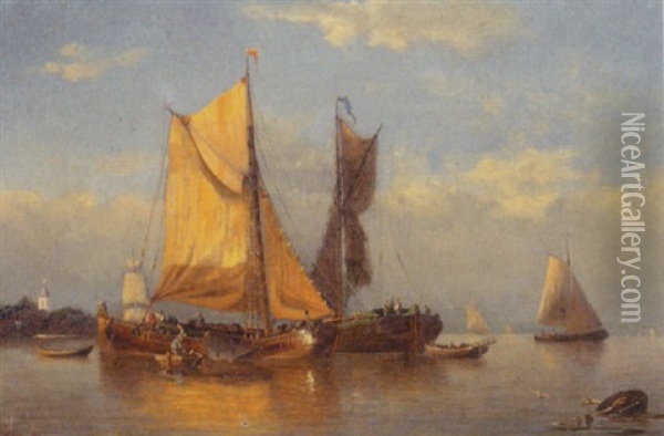 Vessels At Anchor Oil Painting - Jan Theodoor Kruseman