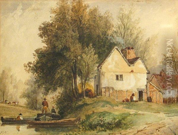 A Farmhouse Near A River With Figures Oil Painting - Patrick, Peter Nasmyth