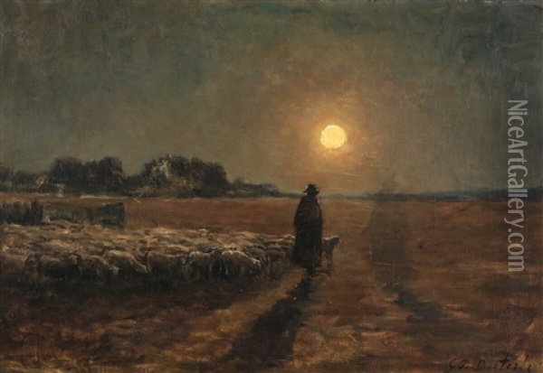 Landscape With Sheep And Herds In The Moonlight Oil Painting - Pierre Georges Dieterle