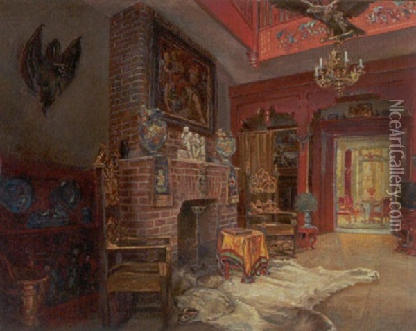 Interior Med Isbjorneskind Foran Kamin Oil Painting - Olaf Viggo Peter Langer