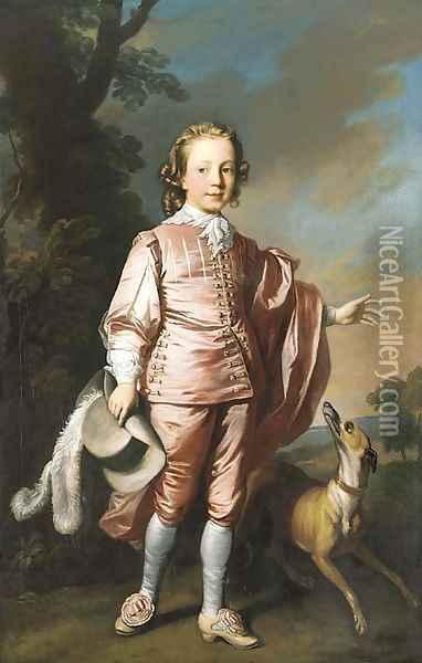 Portrait of John Prideaux Basset (1740-1756), full-length, in pink van Dyck dress, a whippet at his side, in a wooded landscape Oil Painting - Allan Ramsay