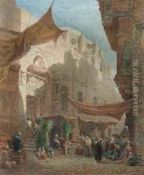 A Market Outside The Abul Dahab Mosque, Northern Cairo Oil Painting - Edward Alfred Angelo Goodall