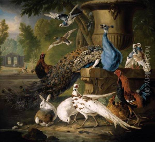 A Peacock, White Pheasants, A 
Cockerel, Chickens, Doves And A Rabbit Gathered Around A Stone Urn, A 
Parkland Setting Beyond Oil Painting - Pieter III Casteels