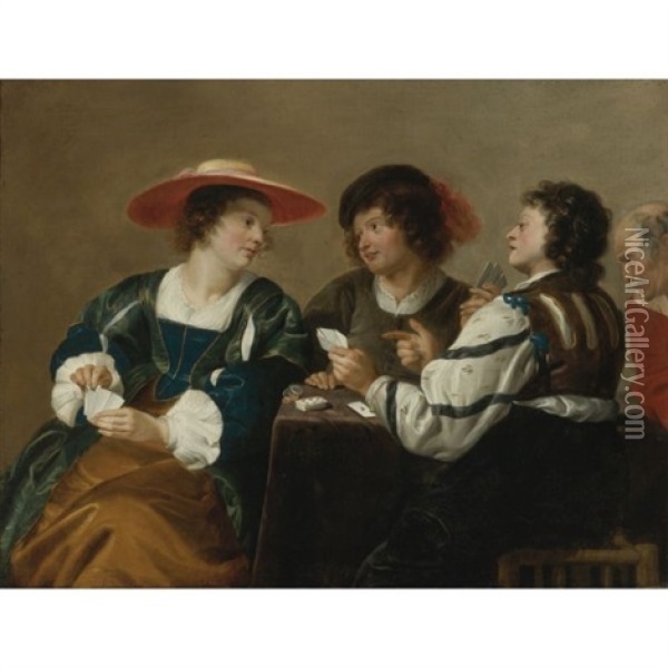 A Woman And Three Men Seated Around A Table Playing Cards Oil Painting - Theodoor Rombouts