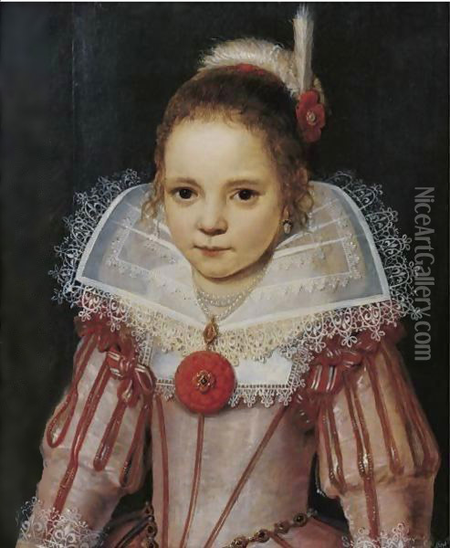 Portrait Of A Young Girl In A Pink Dress With Red Trim Oil Painting - Cornelis De Vos