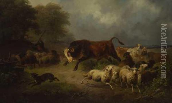 Der Wildgewordene Stier Oil Painting - Friedrich Johann Voltz
