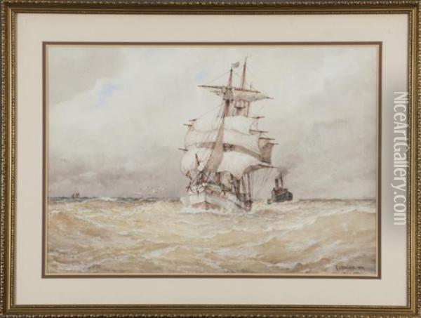Ships At Sea With Grey Sky Oil Painting - Frederick James Aldridge