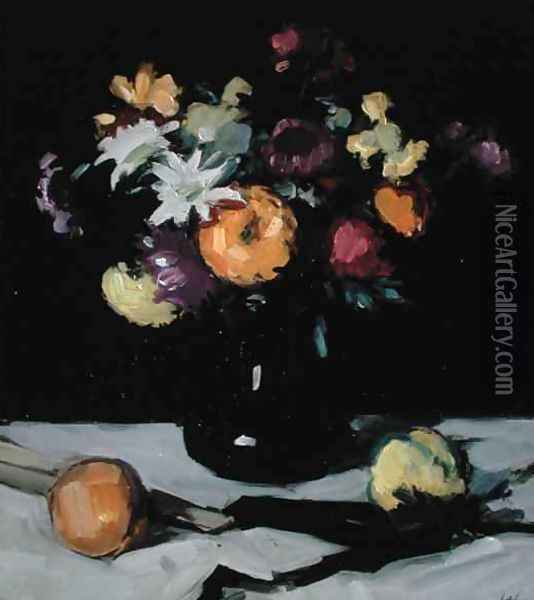 Still Life with Chrysanthemums against Black, c.1912 Oil Painting - Samuel John Peploe