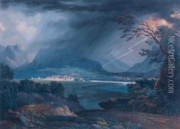 Scene D'orage Dans Un Paysage Montagneux En Italie ( Oil Painting - Alphonse N. Michel Mandevare