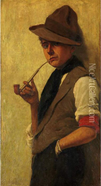 Boy Smoking A Pipe Oil Painting - Philippe Lodowyck Jacob Sadee