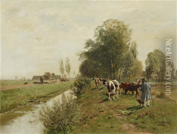 Brook Landscape With Shepherds Oil Painting - Otto Struetzel