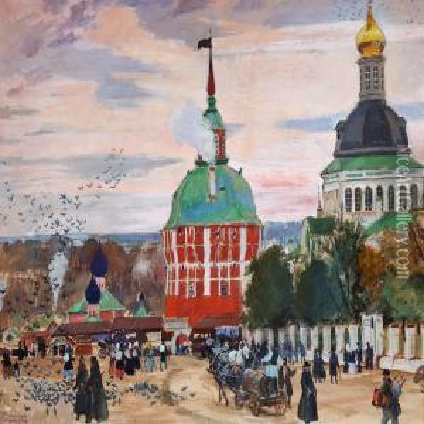 Street Life At Troitsko-sergieva Lavra In Sergiyev Posadoutside Moscow Oil Painting - Boris Kustodiev