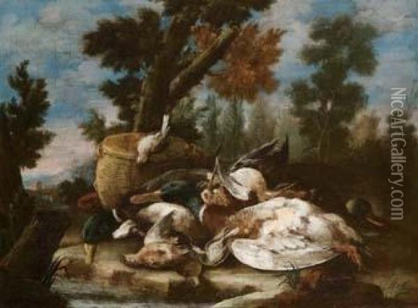 Natura Morta Di Cacciagione Su Sfondo Di Paesaggio Oil Painting - Giacomo Nani