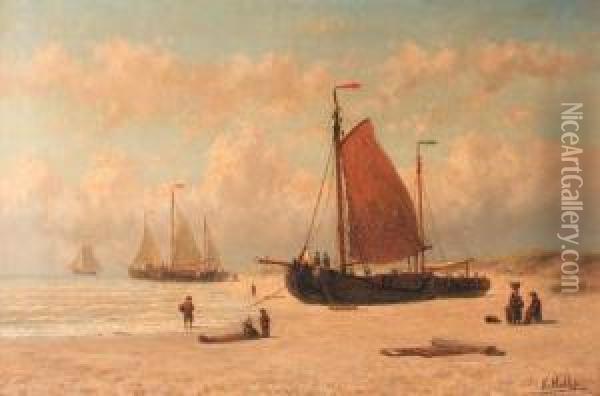 Bomschuiten On The Beach Of Zandvoort, Noord Holland Oil Painting - Hendrik Hulk