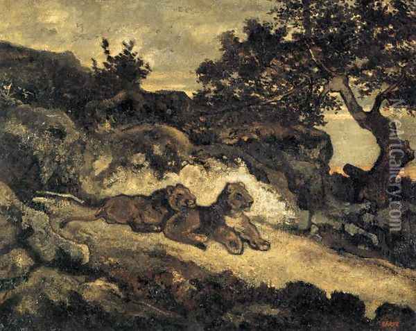 Lions Near Their Den Oil Painting - Antoine-louis Barye