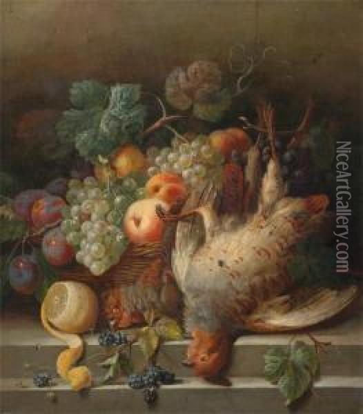 Still Life, Fruit In A Basket With Dead Game Oil Painting - Francina Louise Schot-Martin