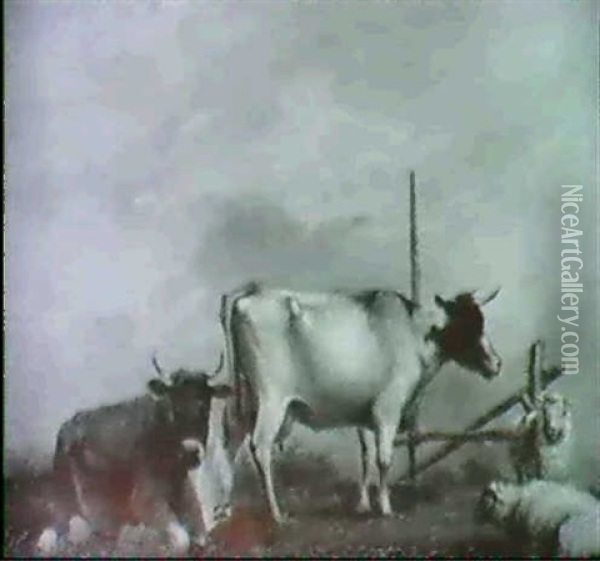 Zwei Kuhe Und Zwei Schafe Auf Einem Wiesenstuck Vor Einem   Plankenzaun Oil Painting - Adrianus Hoevenaar