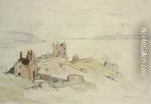 A Ruined Castle Beside A Loch Oil Painting - David Young Cameron