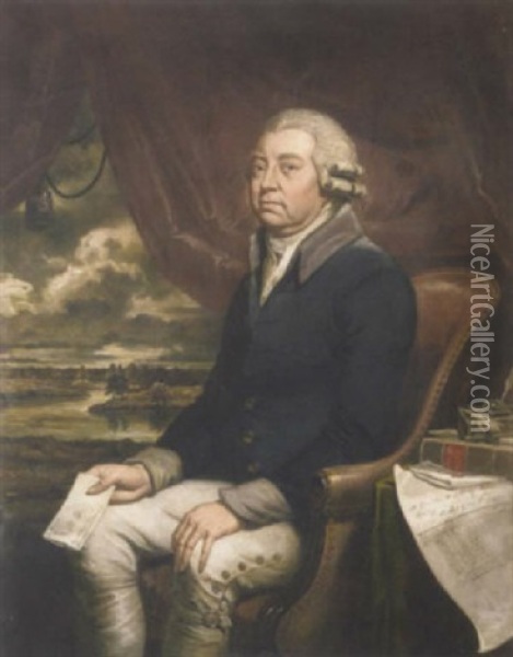 Portrait Of The Right Hon. John Robinson, Surveyor General Of Woods To The King, In A Blue Coat, Holding A Letter In His Right Hand Oil Painting - George Francis Joseph