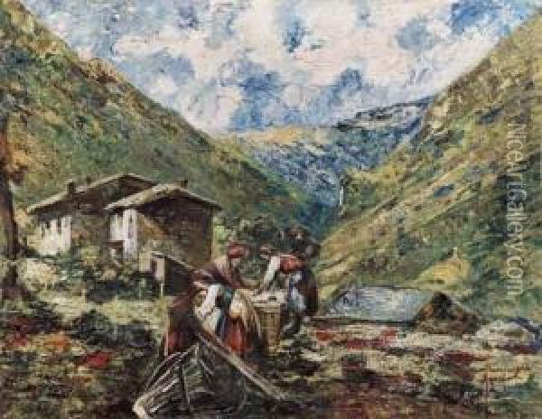Paesaggio Montano Con Lavandaie Oil Painting - Ermenegildo Agazzi