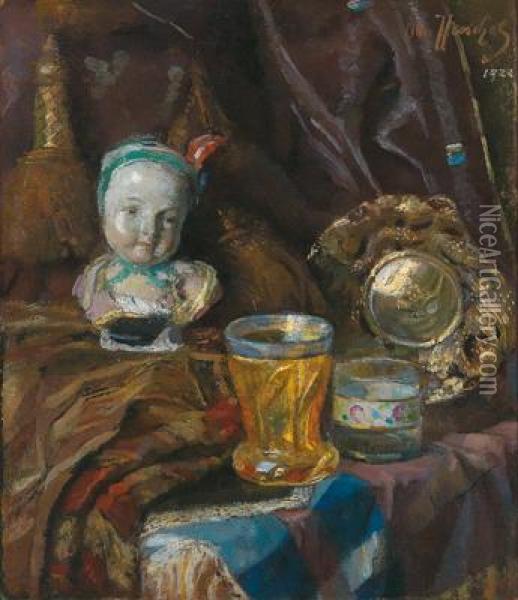 Stilleben Mit Glasern Und Einerporzellanbuste Oil Painting - Otto John Herschel
