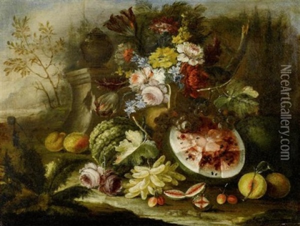 Fruchtestilleben In Einer Landschaft Oil Painting - Giovanni Paolo Castelli (lo Spadino)