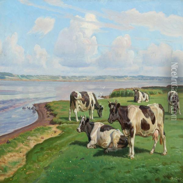 Landscape With Cows By An Inlet Oil Painting - Rasmus Christiansen