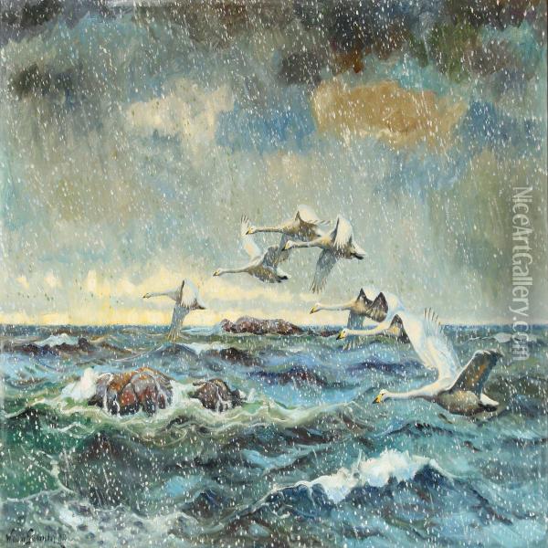 Flying Swans In Snowy Weather Oil Painting - William Gislander