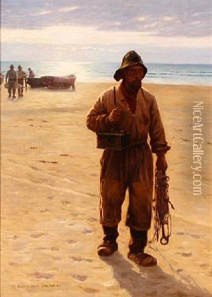 Fishermen On The Beach Oil Painting - Niels Frederik Schiottz-Jensen