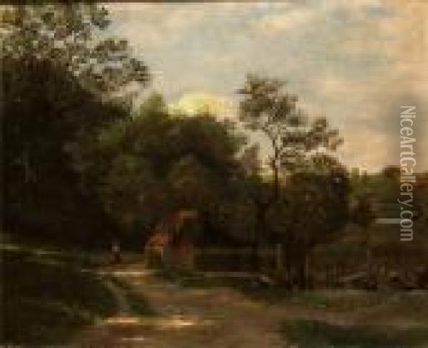 Schattiger Waldweg Mit Wanderin Am Gehoft Oil Painting - Wilhelm A. Lebrecht Amberg