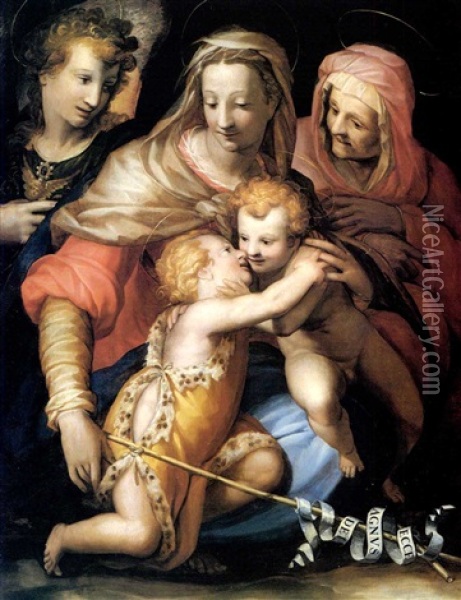 The Holi Family With The In- Fant Saint John The Baptist,   Saint Anne And The Archangel Michael. Oil Painting - Francesco (Il Poppi) Morandini