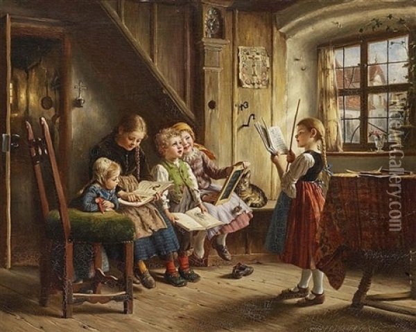Children School Five Children Playing To Be At School Oil Painting - Wilhelm Schuetze