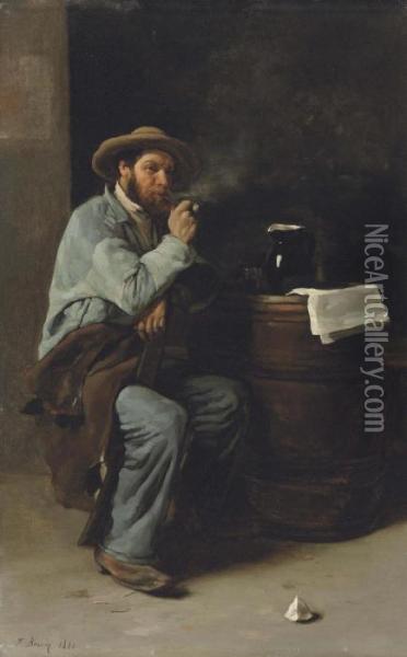 A Man In An Interior Smoking A Pipe Oil Painting - Francois Bonvin