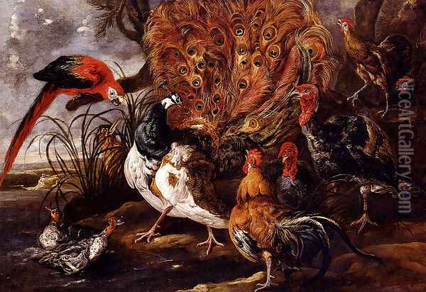 A Peacock In A Landscape With Roosters, Turkeys, Ducks, A Heron And A Parrot Oil Painting - Jan Fyt
