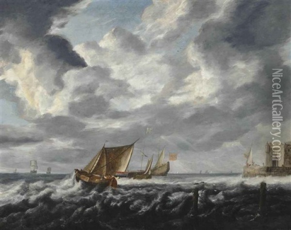 An English Man-o'war At Anchor Off A Fortified Headland Surrounded By Dutch Smalschips And Other Coastal Craft Oil Painting - Bonaventura Peeters the Elder