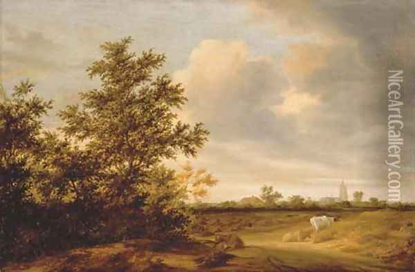 A wooded landscape with cattle, a church beyond Oil Painting - Salomon van Ruysdael