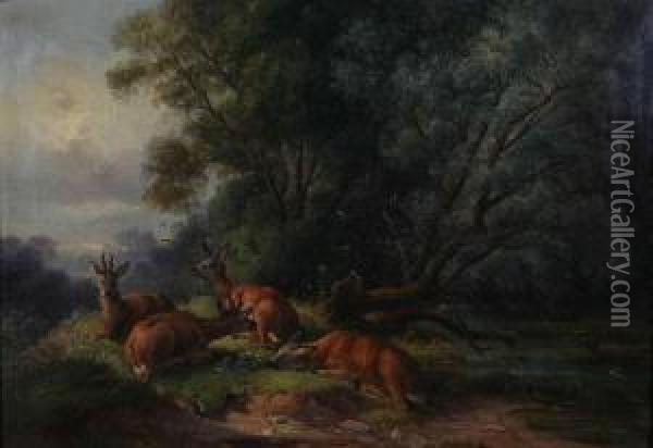 Boslandschap Met Vier Hertjes Oil Painting - Friedrich Zeller
