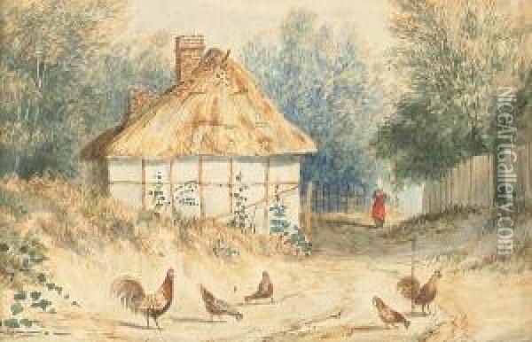 Country Lane With Cockerel, Chickens, Cottage And Figure Oil Painting - Newton Fielding