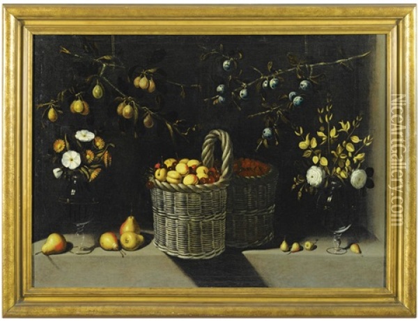 Still Life With A Basket Of Apricots And Cherries, Vases Of Flowers, And Hanging Branches Of Mirabelle And Sloe Plums Oil Painting - Juan Van Der Hamen Y Leon