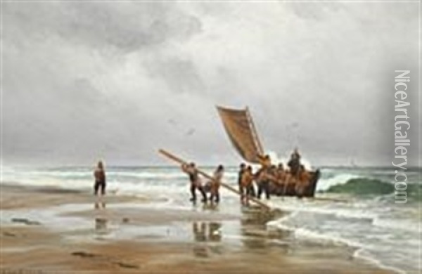 Lifeboat On The Beach Oil Painting - Carl Ludvig Thilson Locher