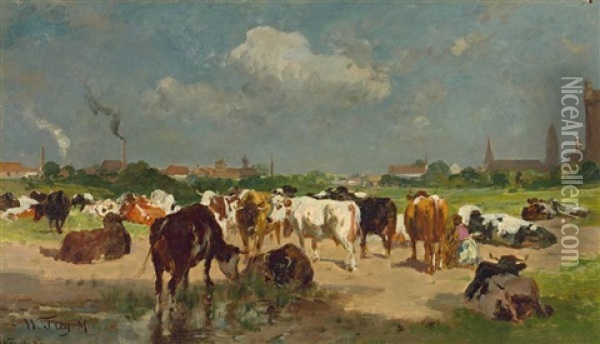 Lagernde Kuhe Vor Einer Stadt (vermutlich Karlsruhe-daxlanden) Oil Painting - Wilhelm Friedrich Frey
