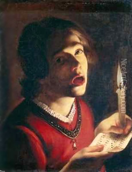 Young cantor with candle Oil Painting - Trophime Bigot
