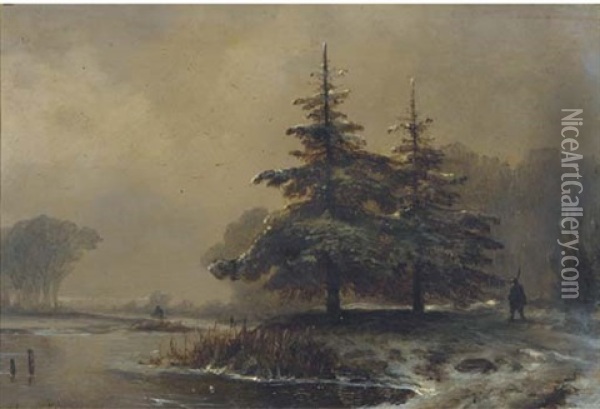 Trees In A Winter Landscape Oil Painting - Johannes Franciscus Hoppenbrouwers