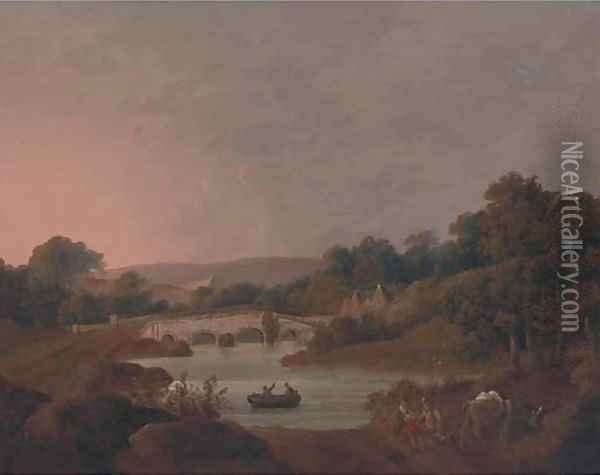 Figures with a donkey resting by a river Oil Painting - George Arnald