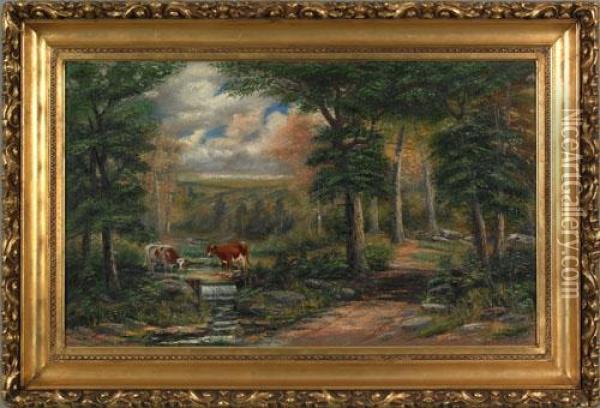 Landscape With Stream And Cows Oil Painting - George D. Falk