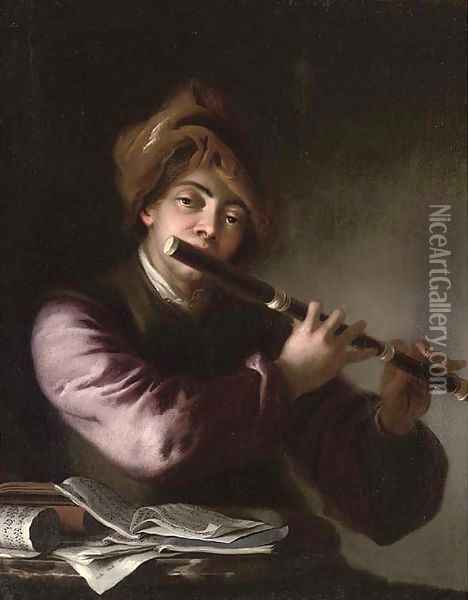 A man playing the flute by a table with sheet music Oil Painting - Jan Kupetzki