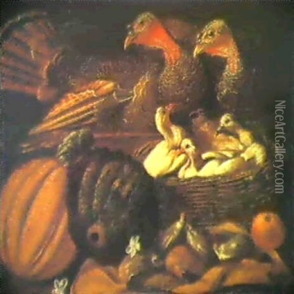 Two Turkeys, Chicks In A Basket, With Fruit In The          Foregraound Oil Painting - Pietre-Neri Scacciati